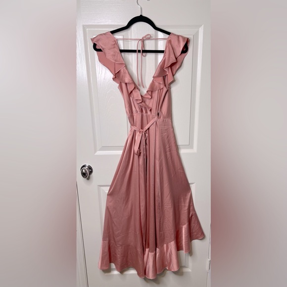 Astr Dark Blush wilshire Ruffle Wrap Open Back Midi High Low Dress, XS - Picture 6 of 16